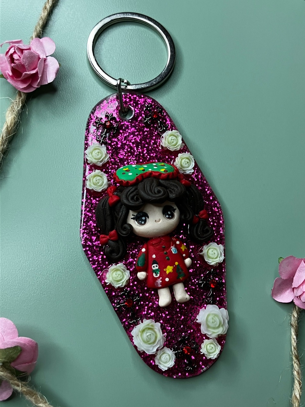 Handmade Glitter Pink Holiday Clay Doll Keychain with Roses & Crosses